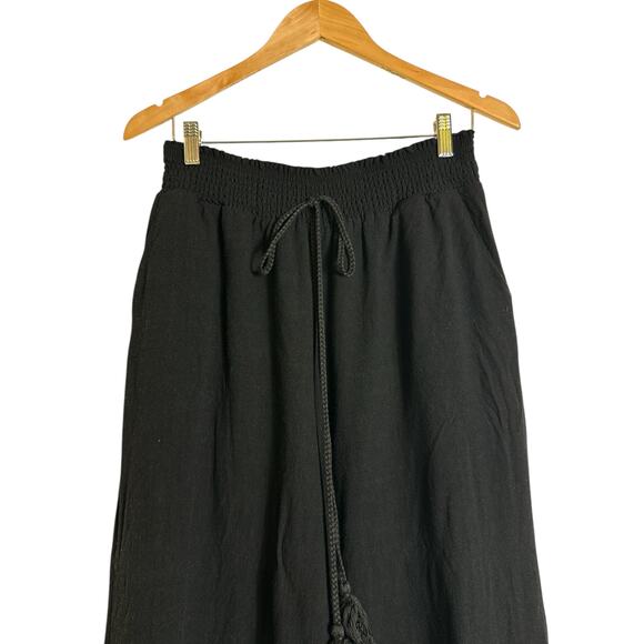 High Waisted Drawstring Women's Linen Blend Wide Leg Cropped Pants Size XL Black - Picture 2 of 6